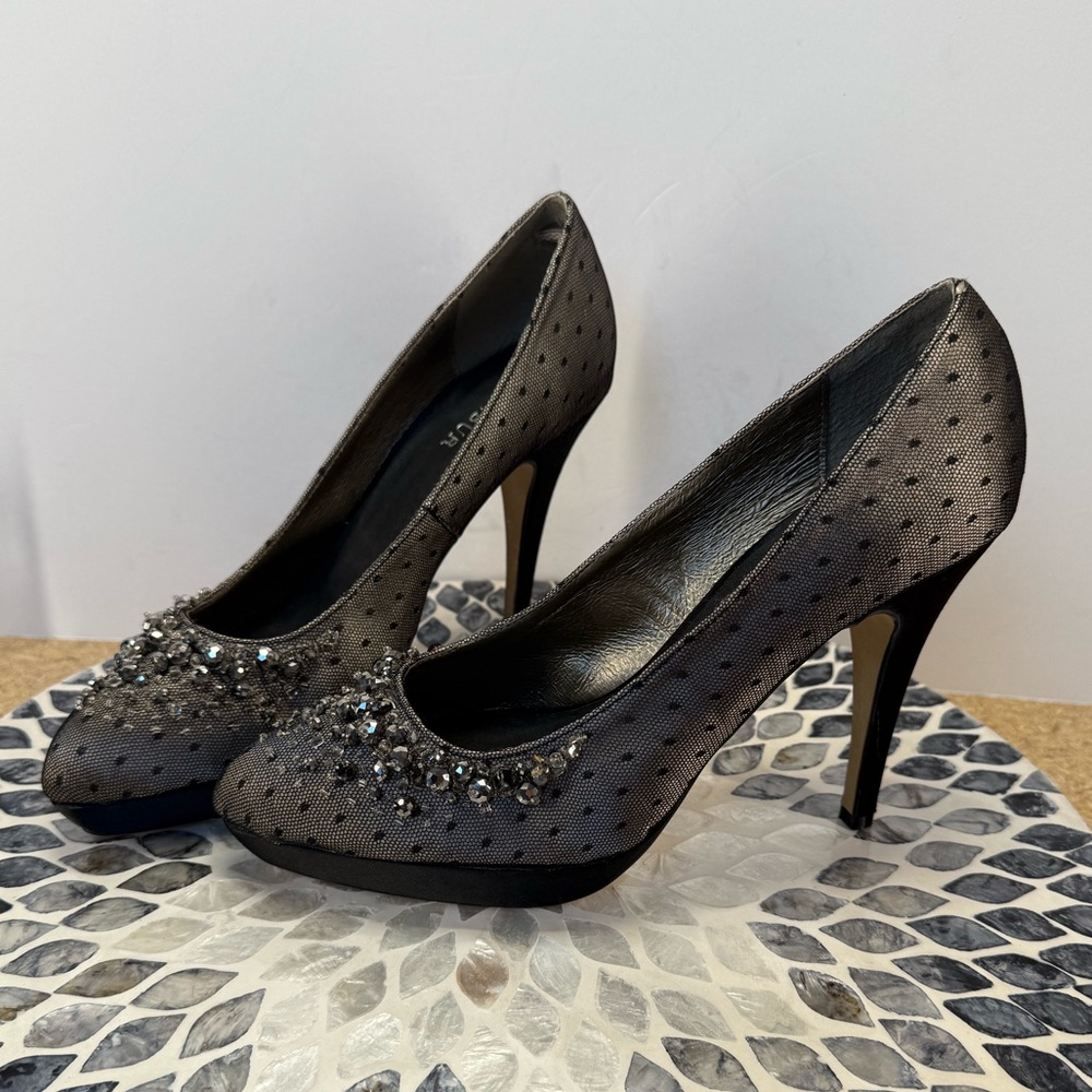 Menbur Gray Polka Dot Heels with Sparkling Embellishments 8.5